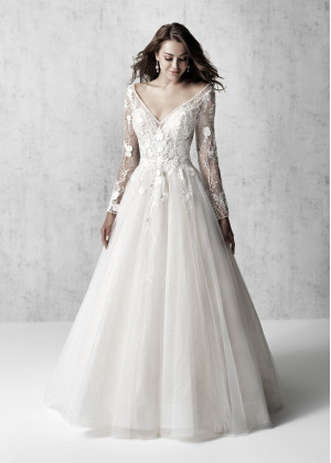 Long Sheer Sleeve Beaded Ivory Sequined Tulle Lace Wedding Dress